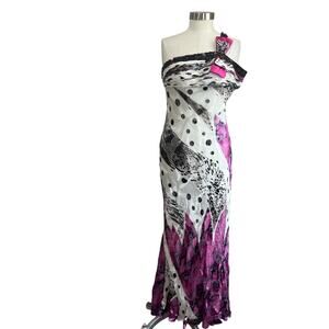 Dave & Johnny Silk One Shoulder Beaded Formal Evening Maxi Gown Y2K 4